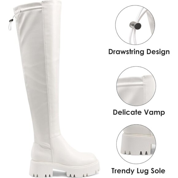 🆕Women's White-pu Faux Leather Over The Knee Lug Sole Round Toe Thigh High Boot - Picture 9 of 11